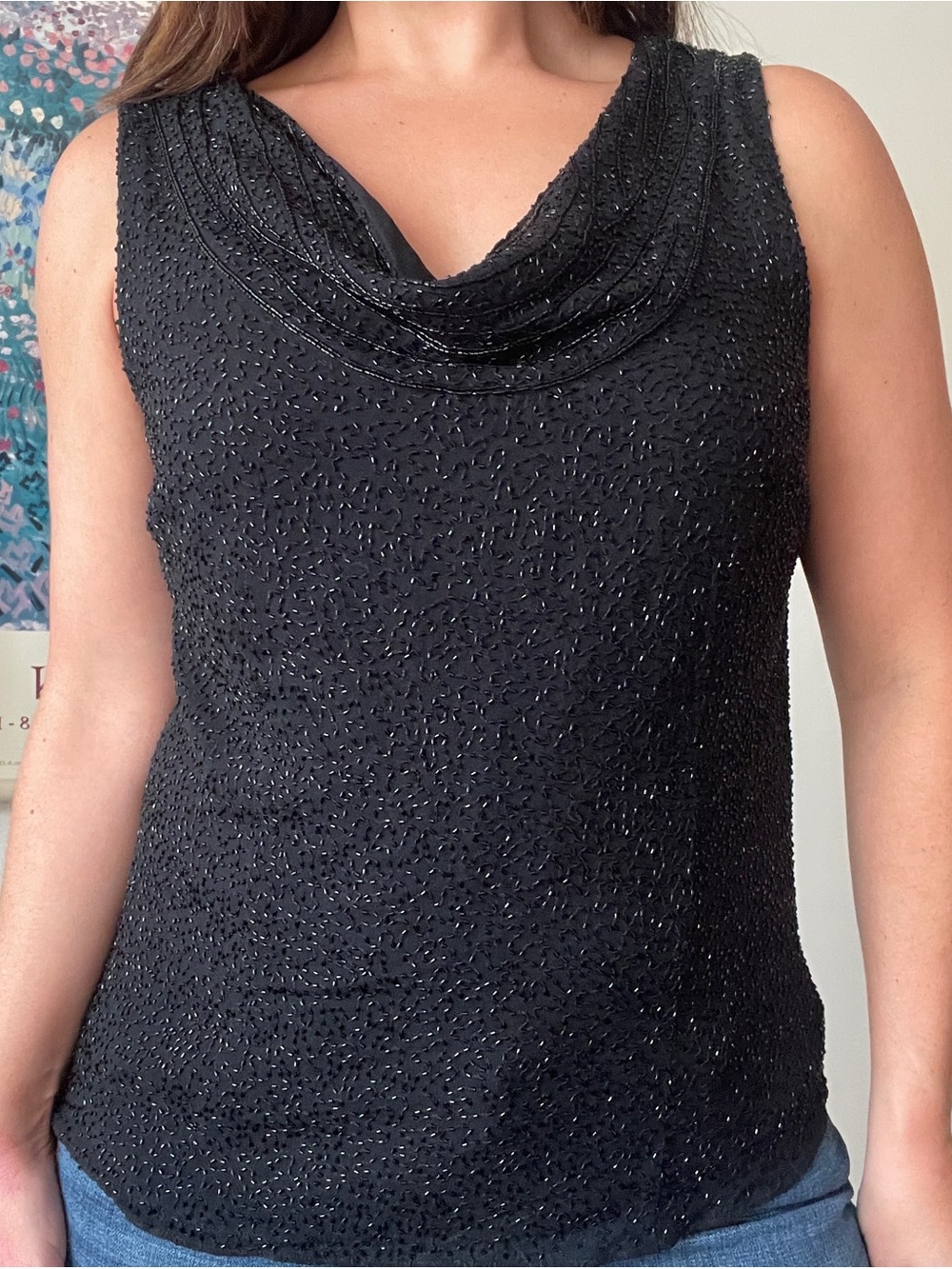 Ann Taylor Silk Beaded Tank Top Large Black Cowl Neck Dark Feminine Vintage 90s